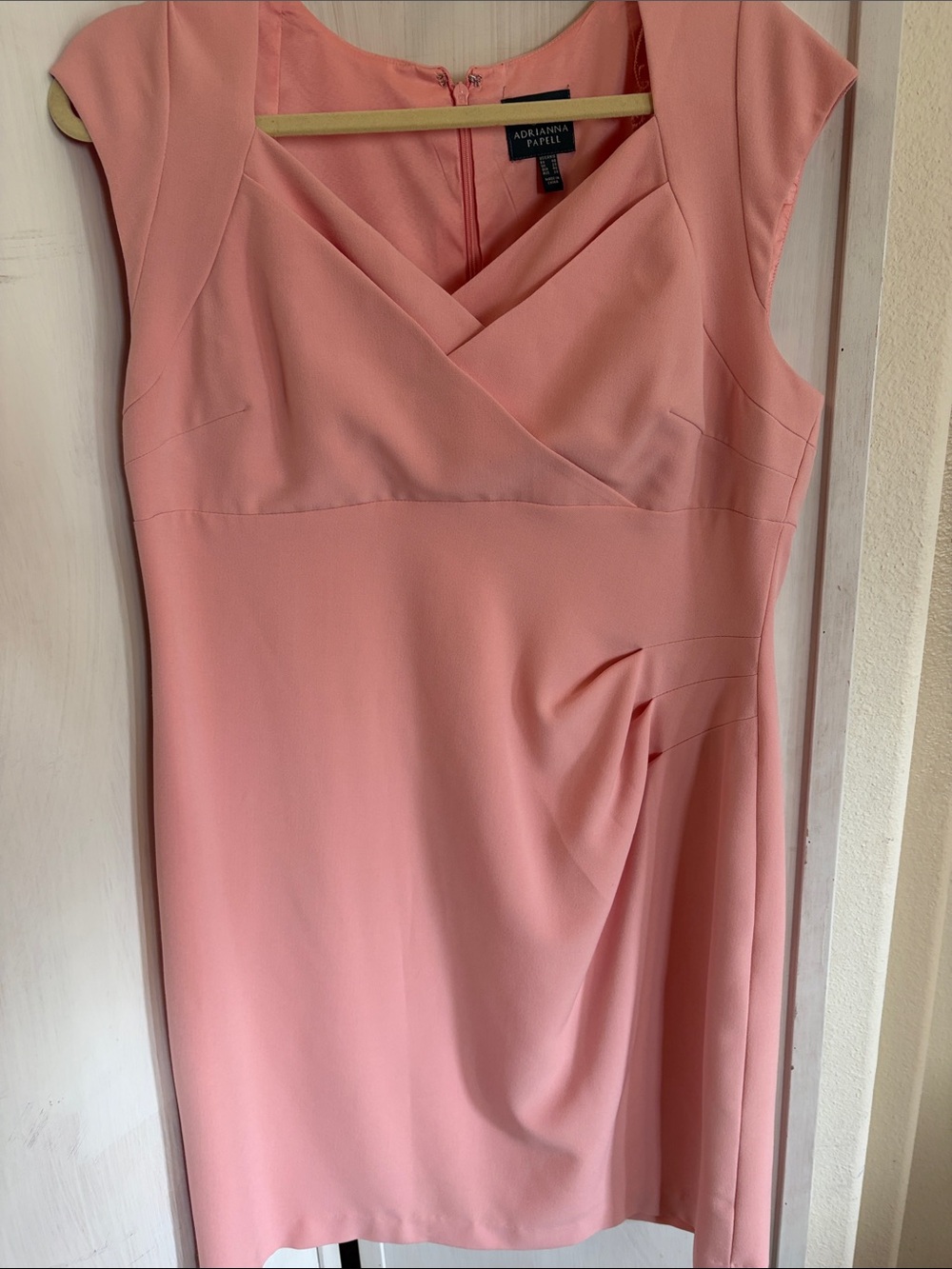 Adrianna Papell Coral-Pink Cap Sleeve Faux-Wrap Sheath Dress sz 16